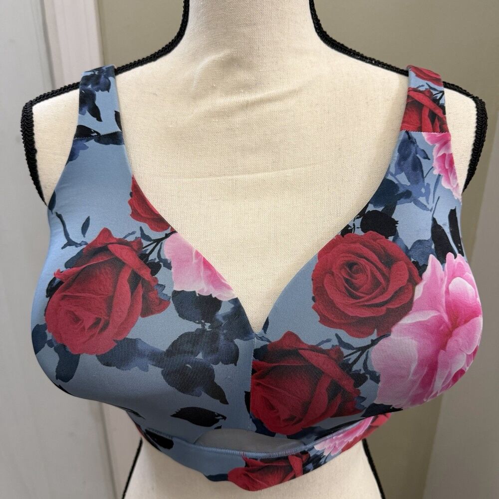 CACIQUE Women's Size 40DD Lightly Lined No Wire Floral Print Wide Strap Bra Blue